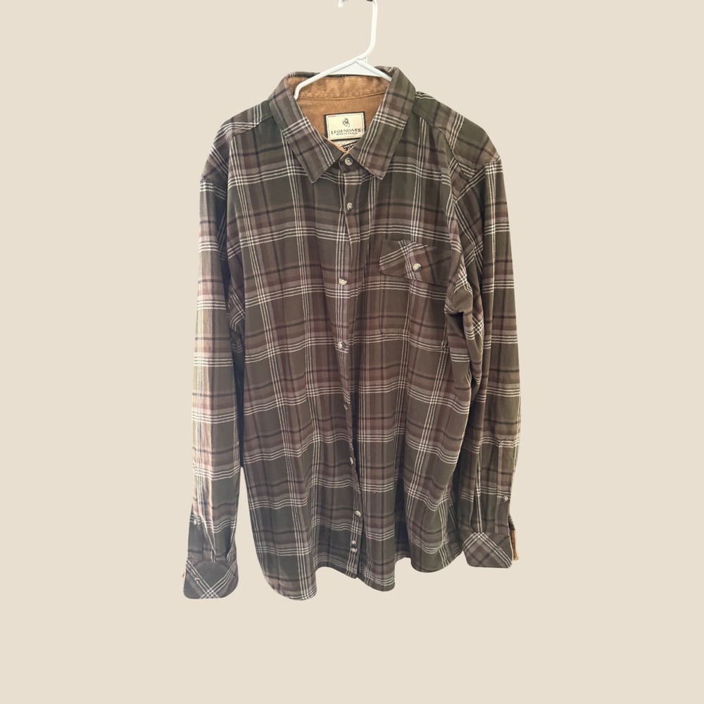 Legendary Whitetails Buck Camp Flannel Shirt Mens XLT Olive Green Plaid Cotton